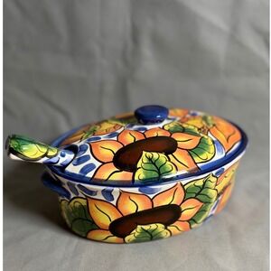 El Salvador Hand Painted Ceramic Sunflower Tureen with Lid and Ladle Serving Set